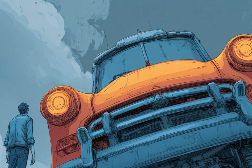 illustration of a man looking up at an enormous car
