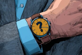illustration of a man wearing a watch with a question mark on the face