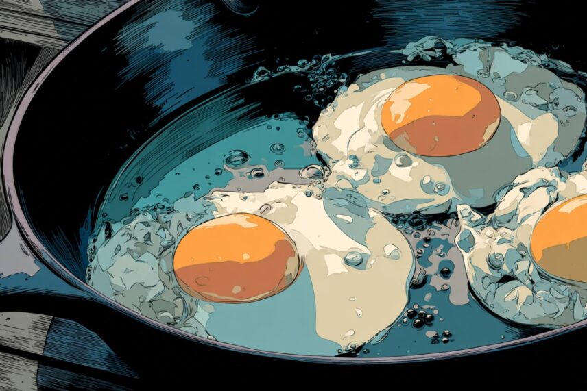 illustration of eggs cooking in a cast iron pan
