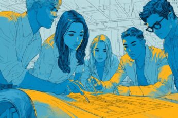 illustration of people surrounding blueprints