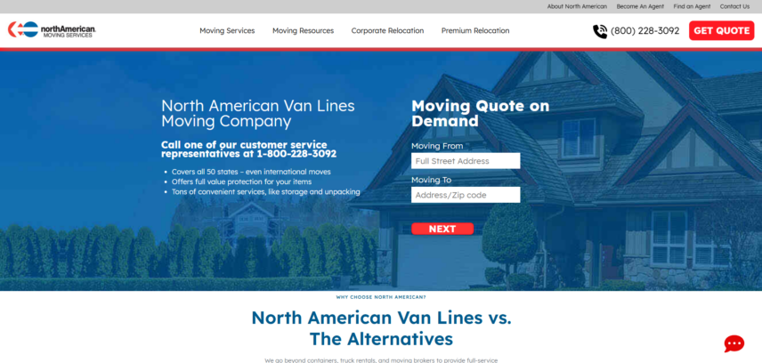 Screenshot of North American Van Lines' homepage