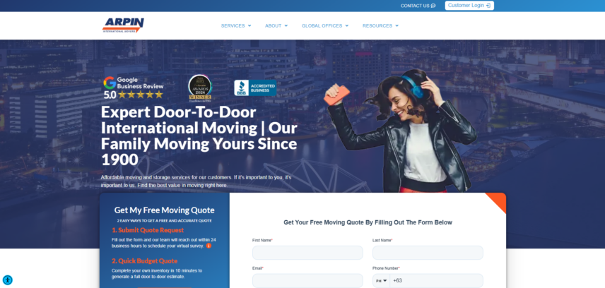 Screenshot of Arpin International Moving Company's homepage