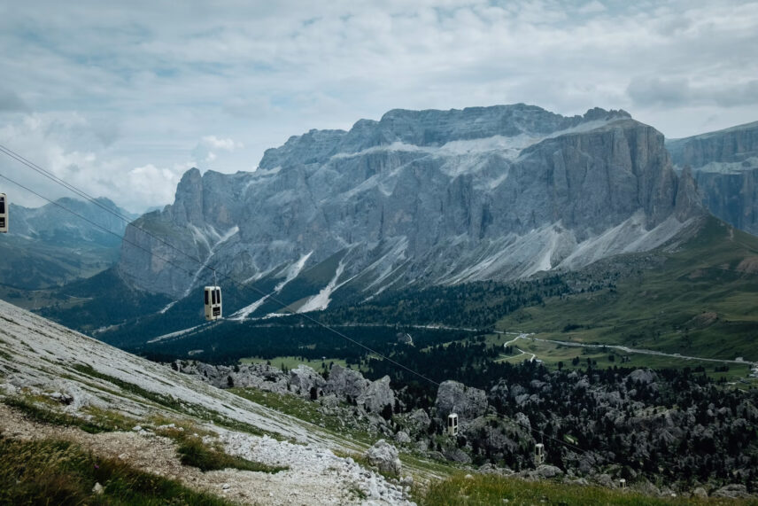 overcast gray and green countryside with cable car