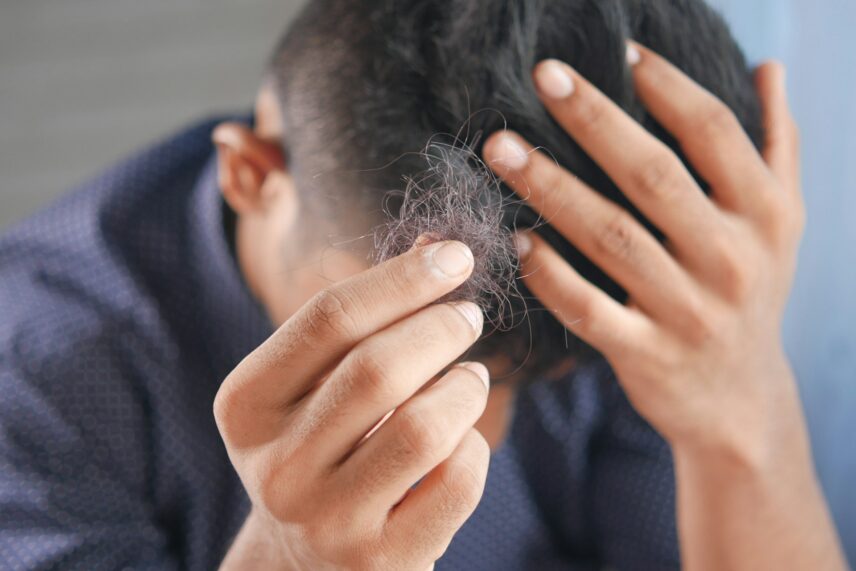A man showing hair fall while holding his head
