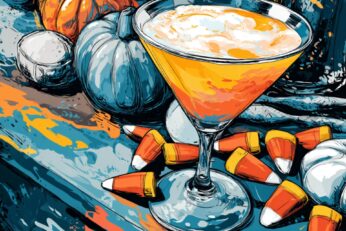 illustration of a Halloween cocktail surrounded by candy corn