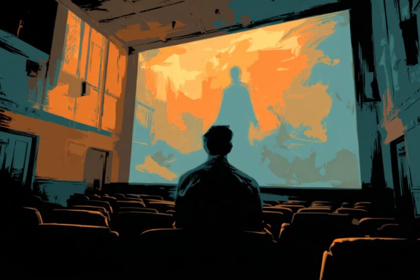 illustration of a man in a movie theater watching a scary movie