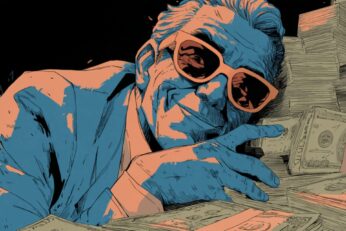 illustration of a smiling man on a pile of money
