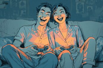 illustration of man and woman playing video games