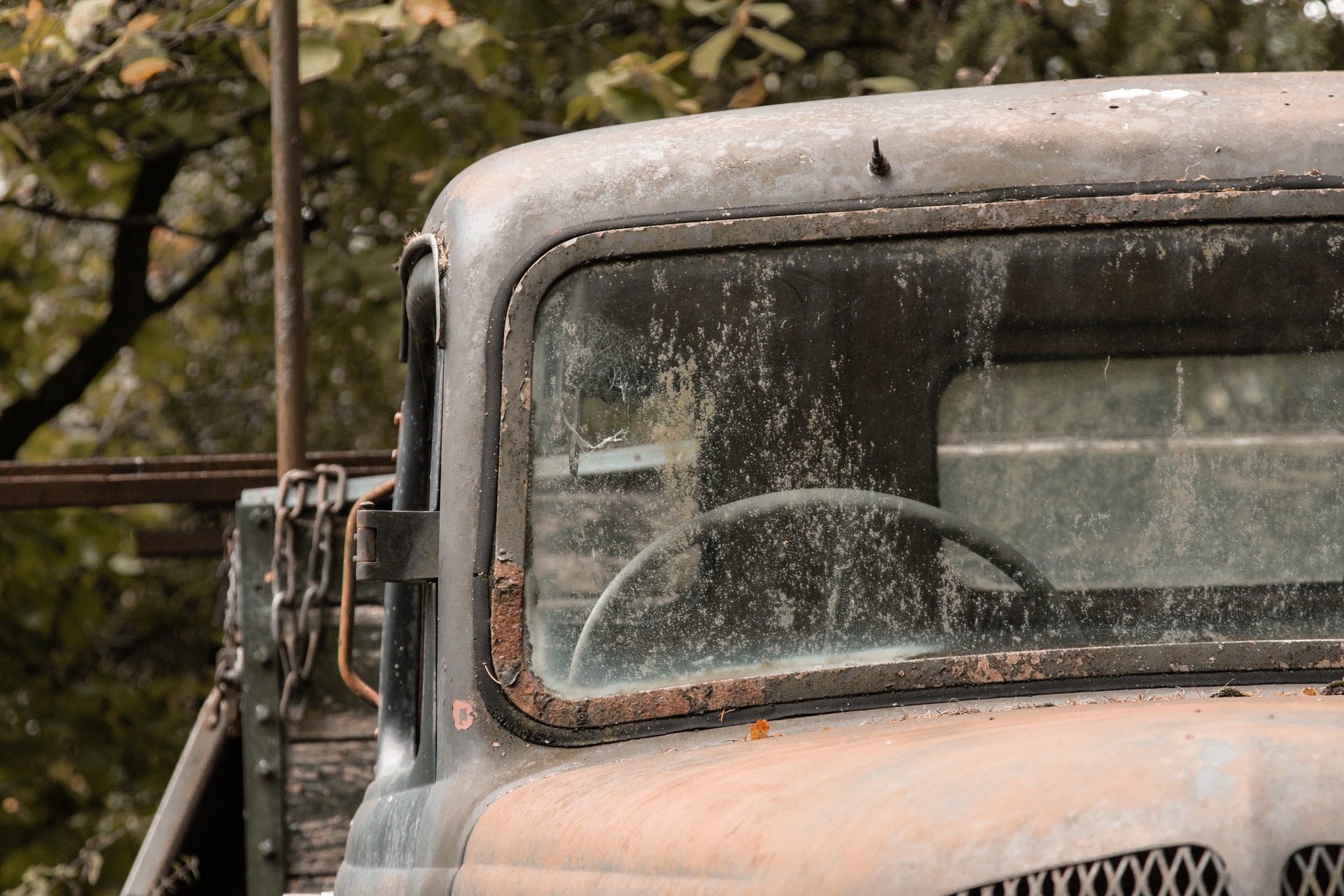 An old truck covered in mold and rust