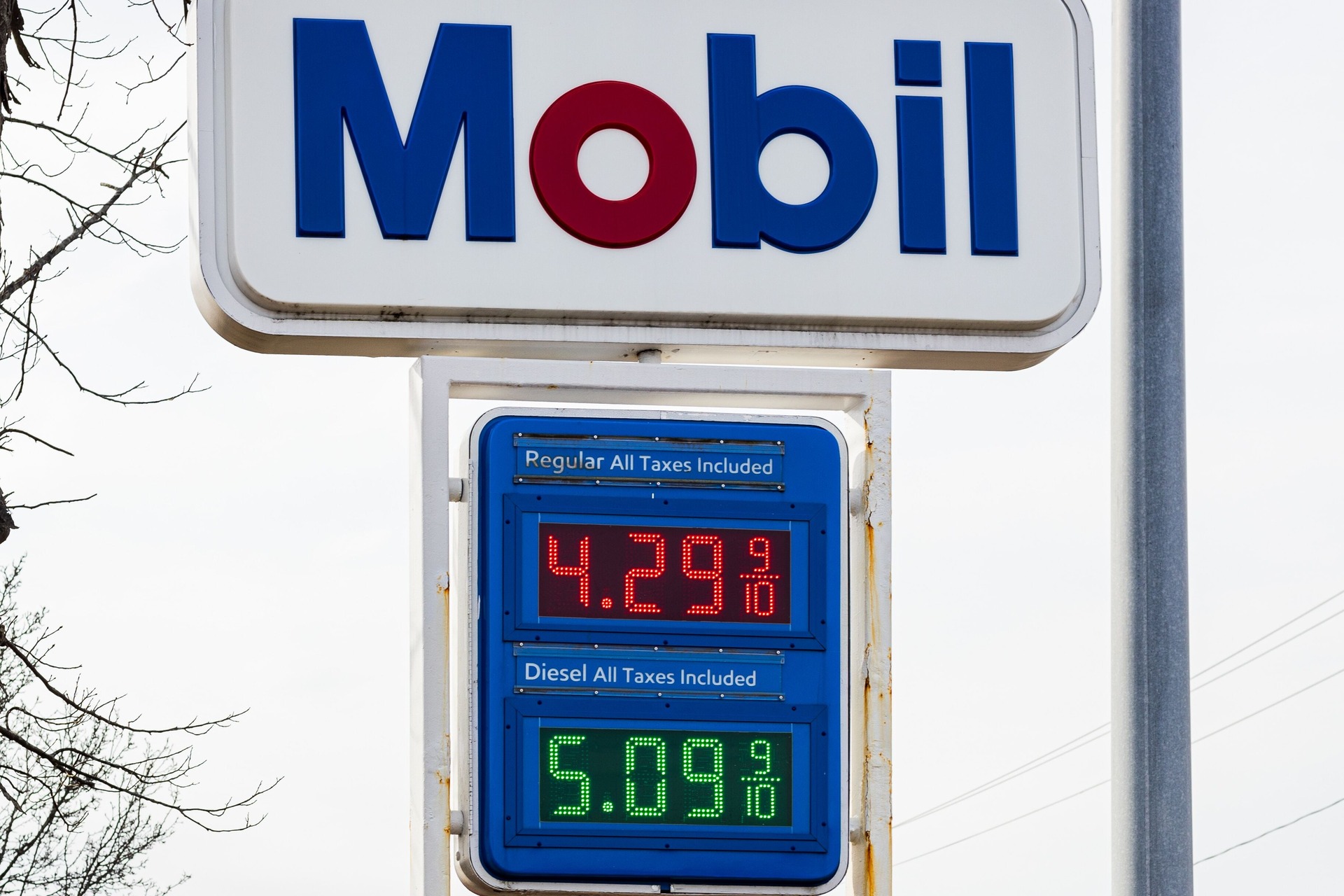 A Mobil gas station price sign