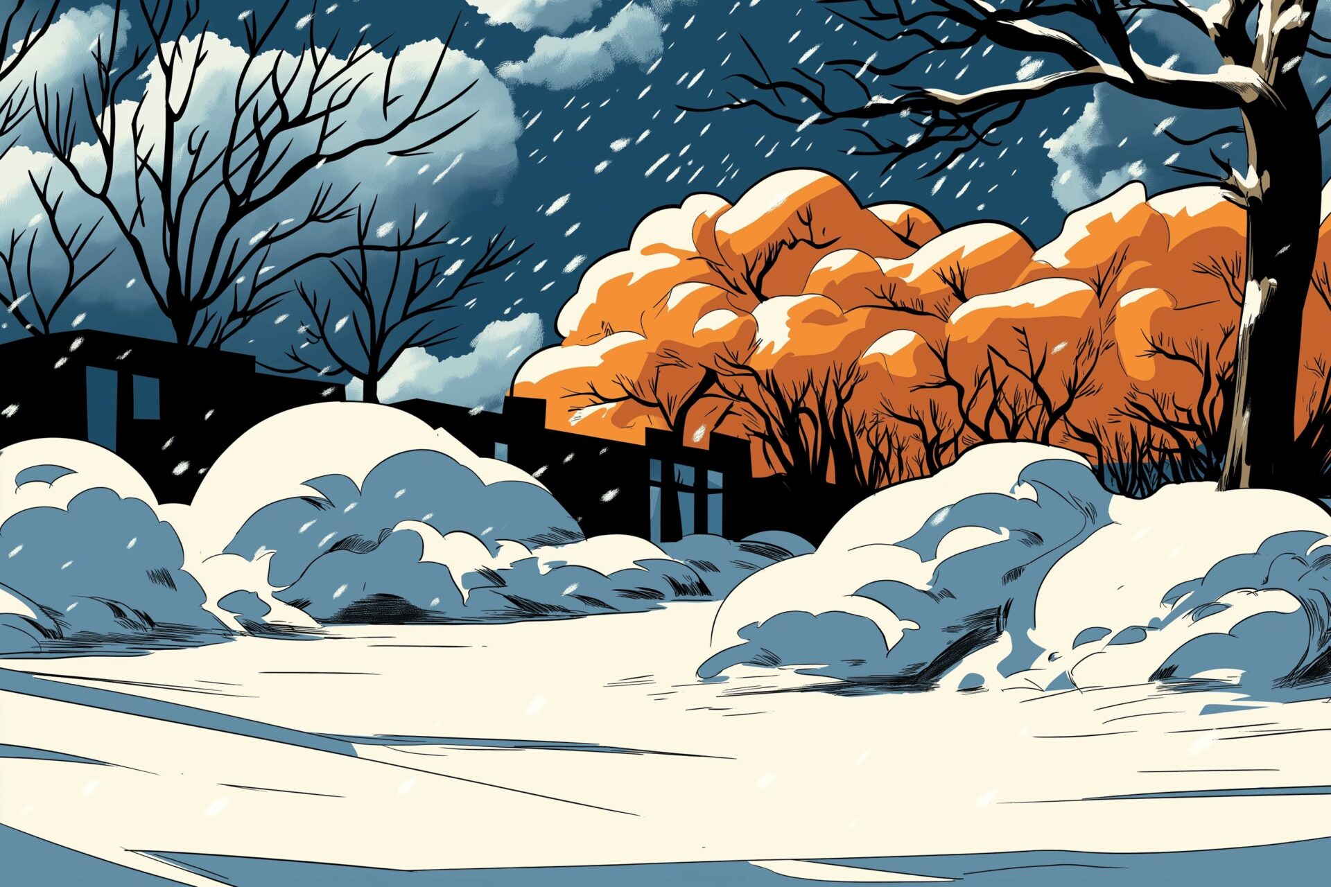 A blue and orange-colored drawing of a heavy winter storm