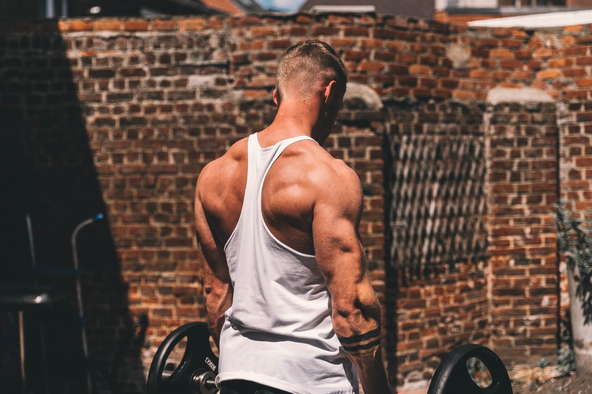 Back shot of muscular man.