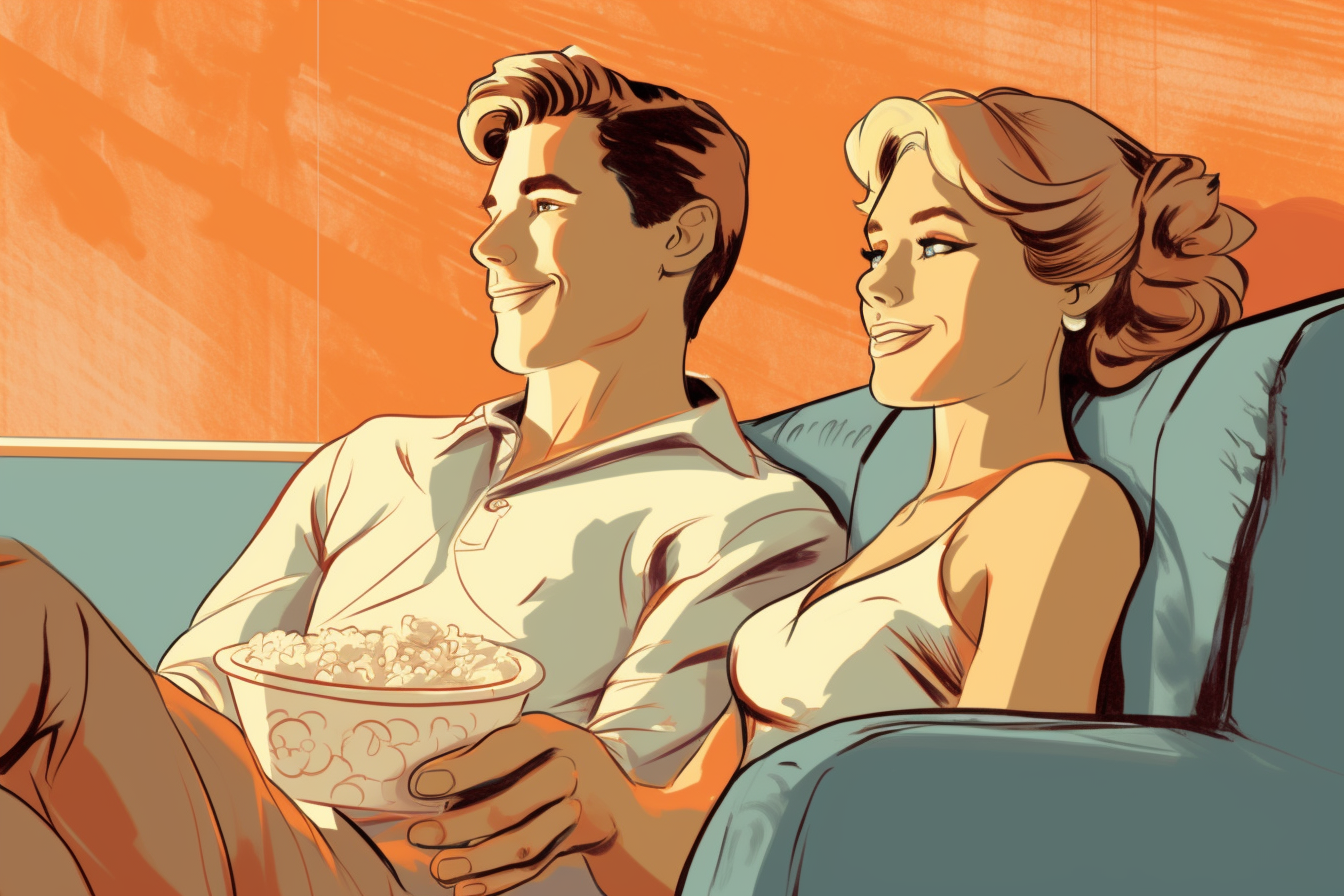 A couple on a couch holding a bucket of popcorn