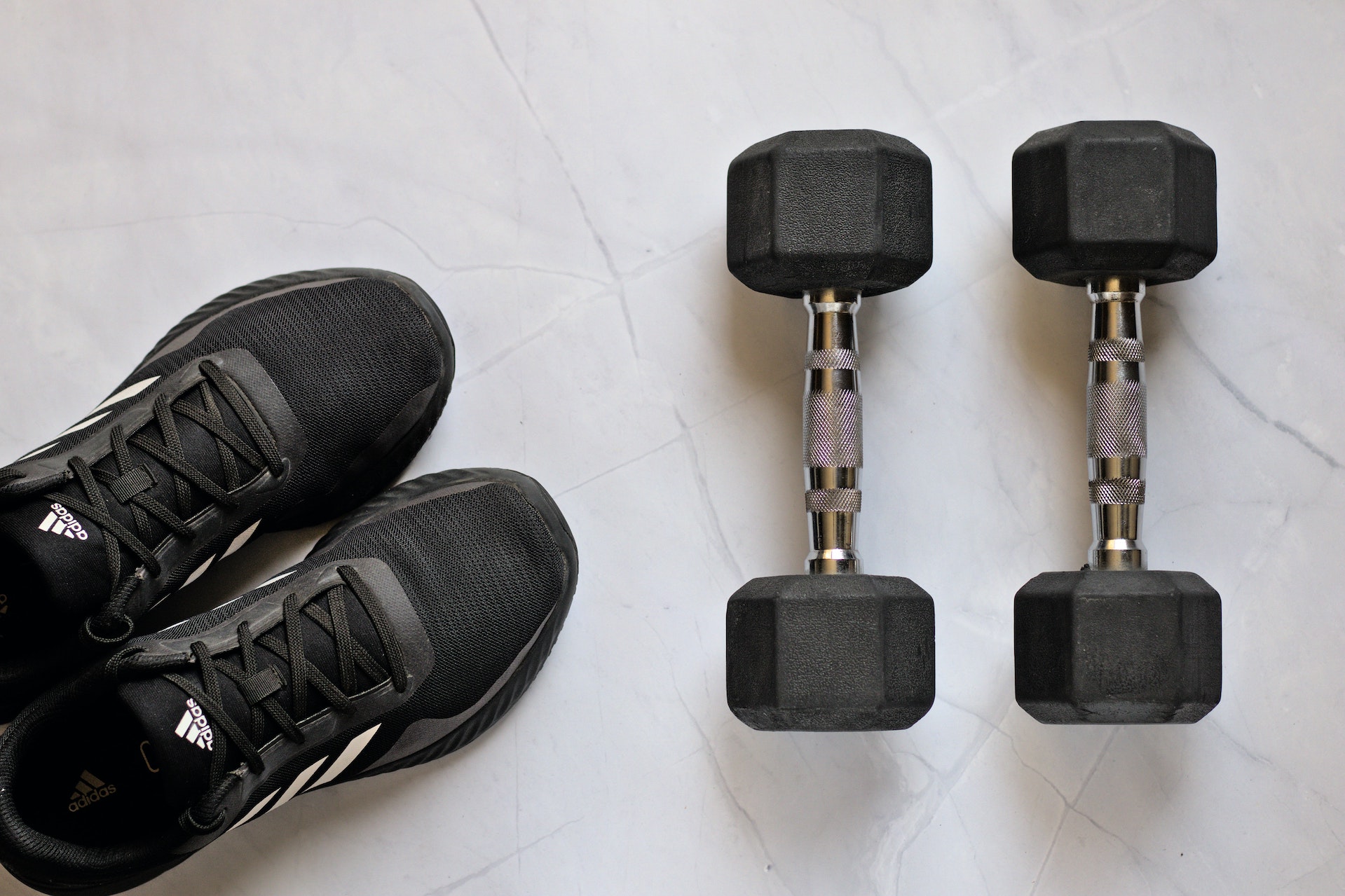 Shoes and dumbbells.