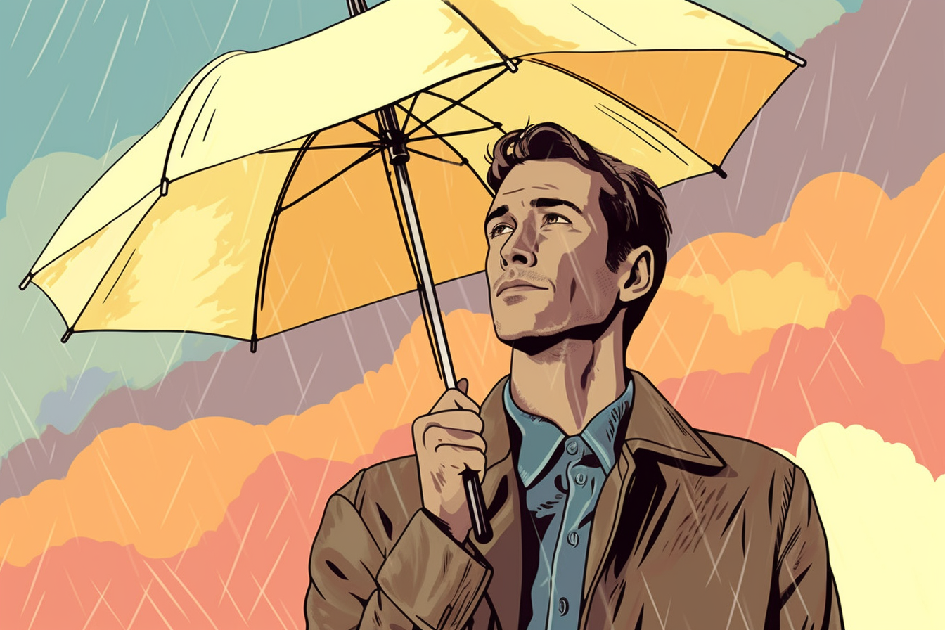 a man with an umbrella under a rainy colorful sky