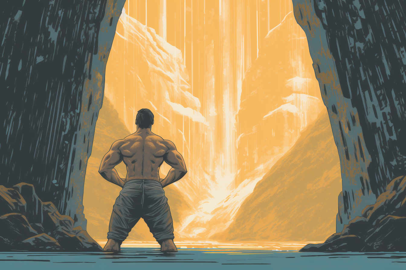 A muscular man in a cave