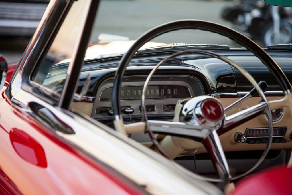 Interior of red Ford Mercury.