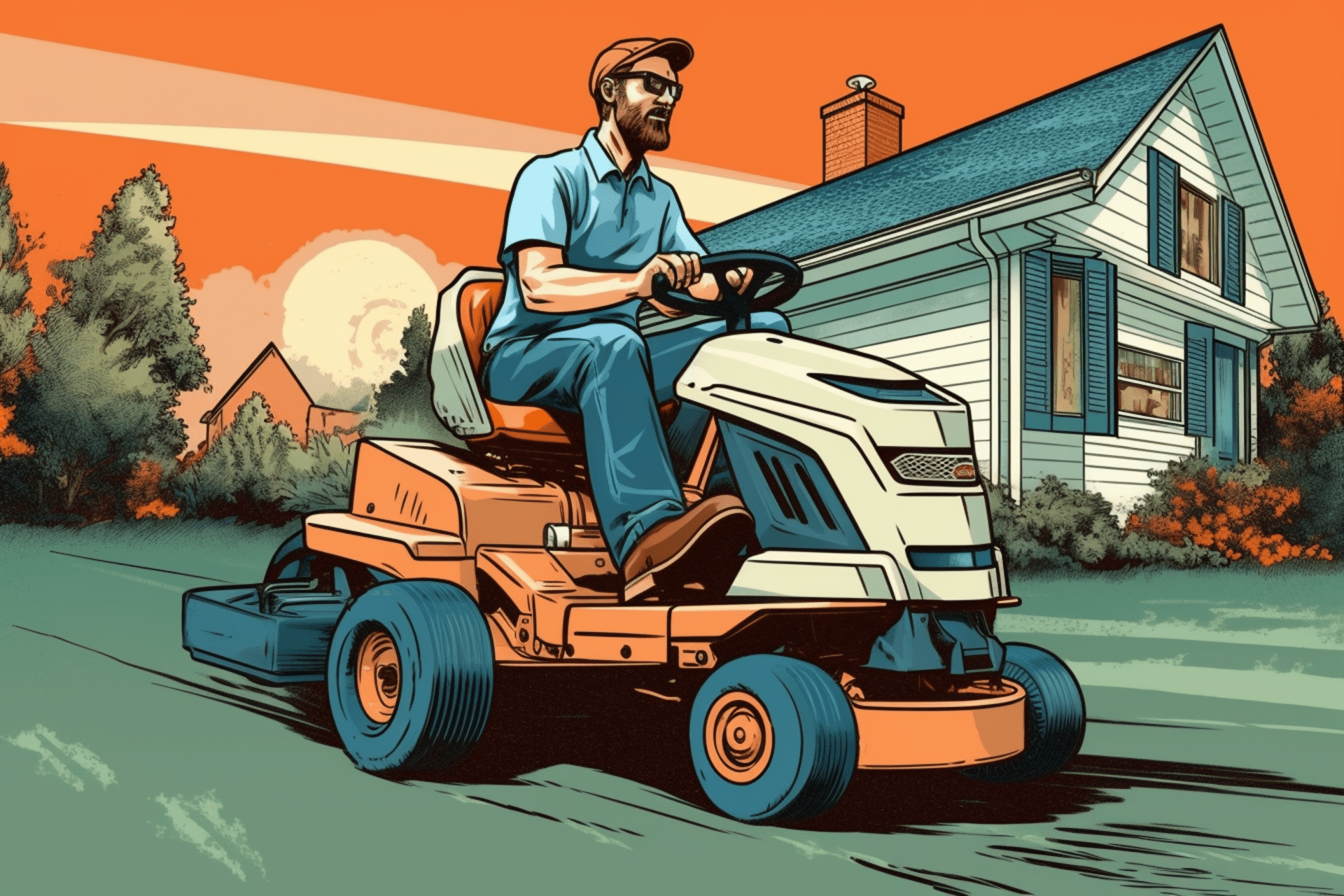 A man riding a riding mower