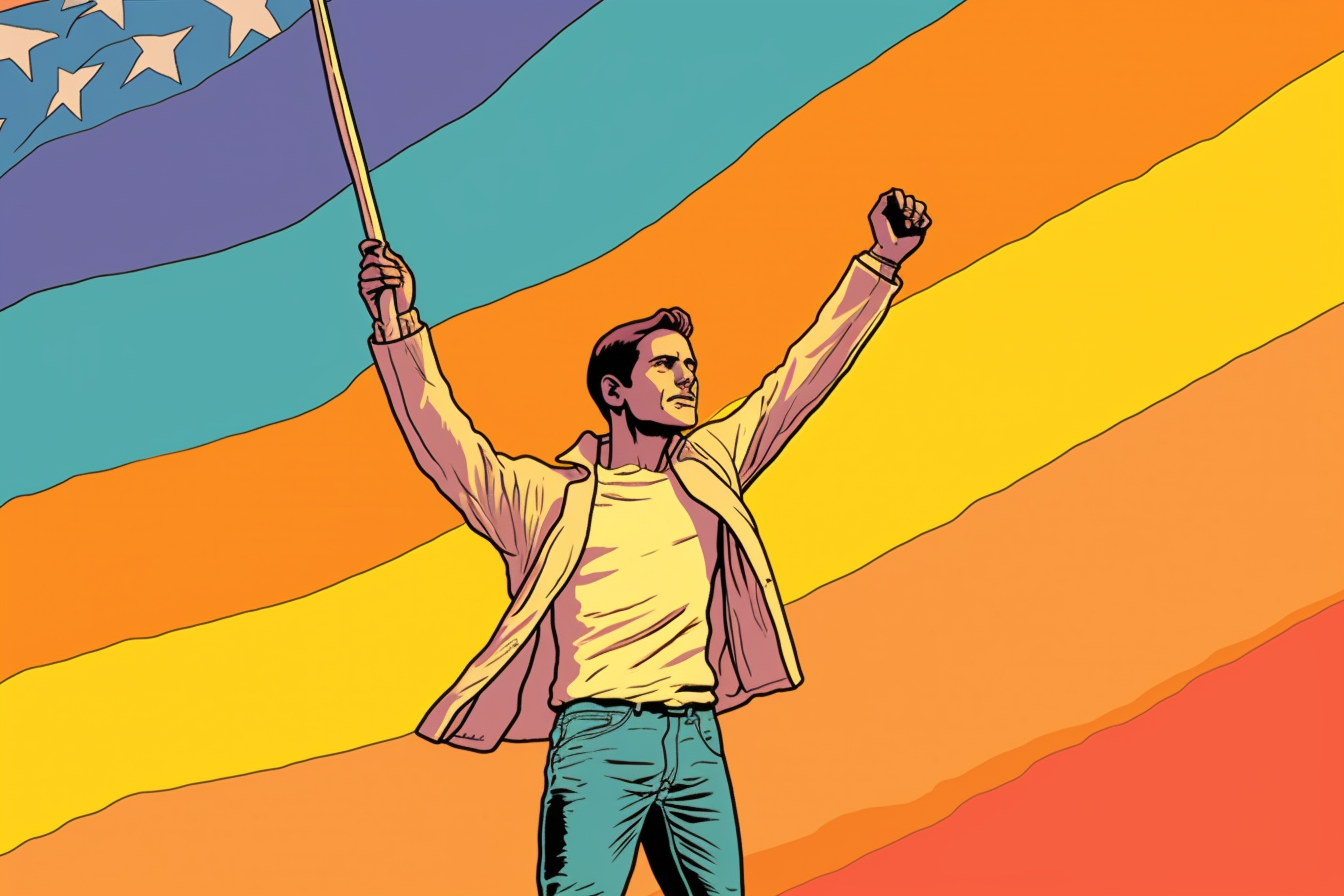 A man in front of a pride flag