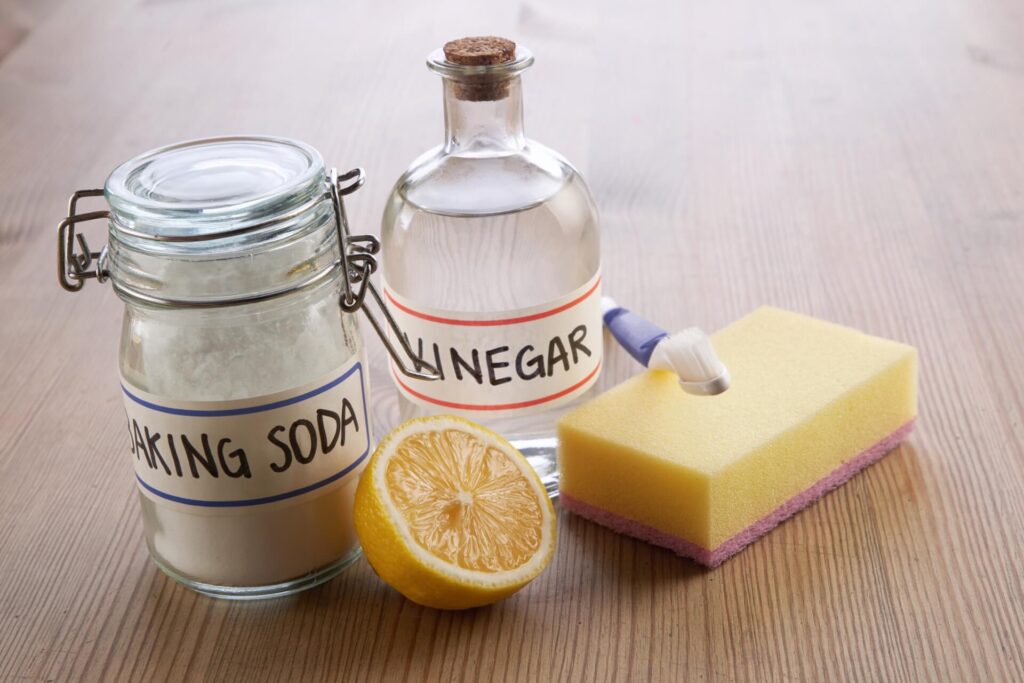 Bottles of vinegar and baking soda next to a sponge, toothbrush and lemon. 