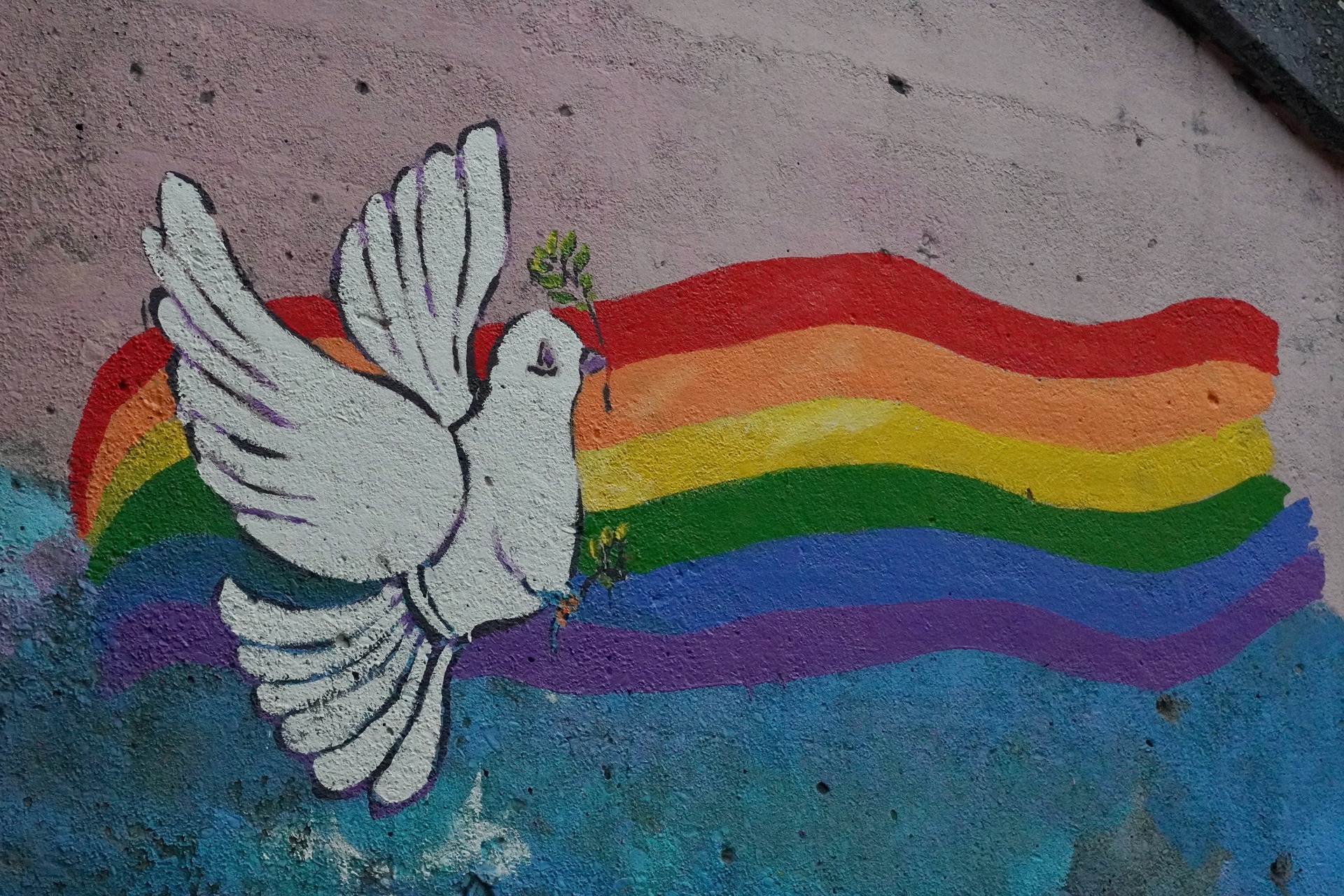 Street art of a peace dove and Pride flag