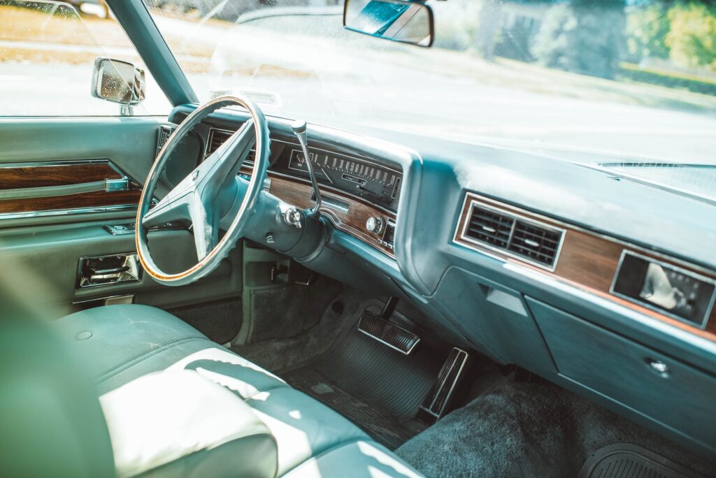 Interior view of a repaired classic sedan