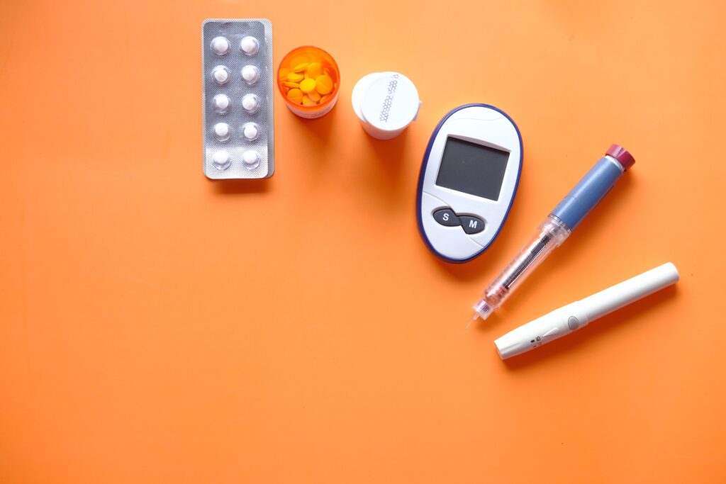 An assortment of diabetes devices and medications