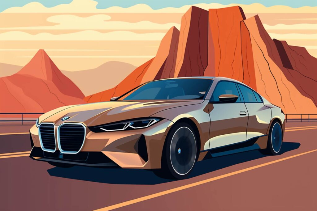 Brown BMW i4 driving down desert highway