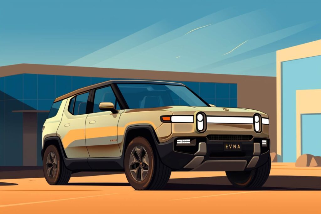 Sand-colored Rivian car, 3/4 view