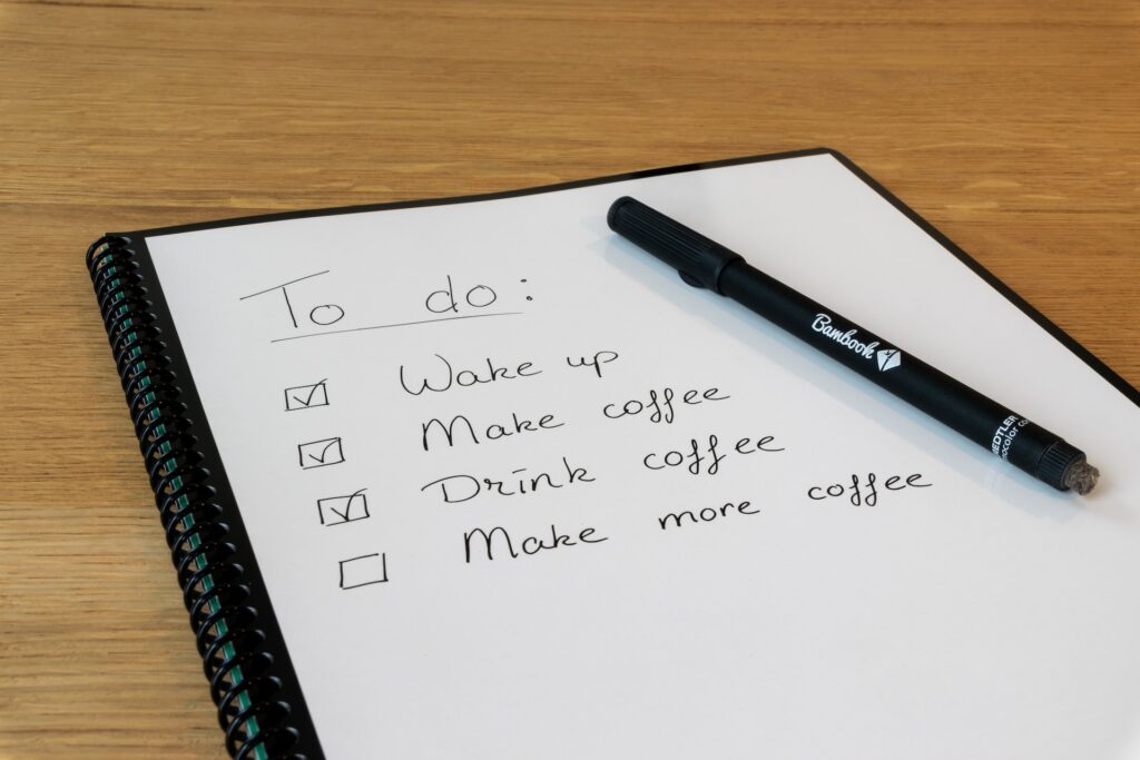 A to-do list with four responsibilities on it, including "wake up," "make coffee," "drink coffee," and "make more coffee" intended to inspire people to learn how to manage their time wisely