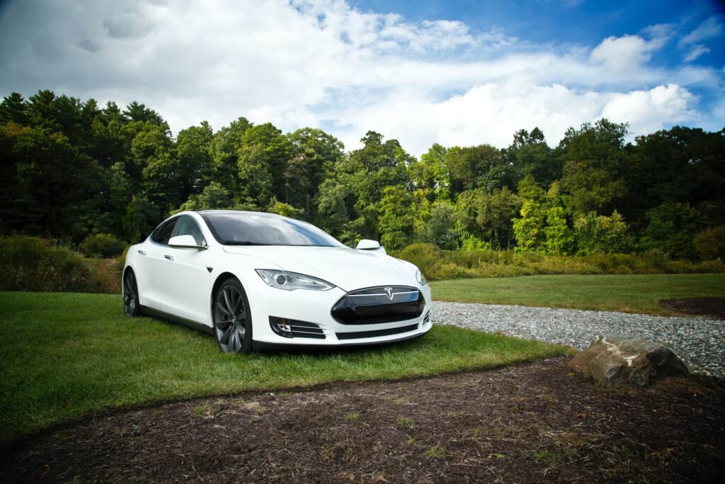 White Tesla Model S sits on grass.