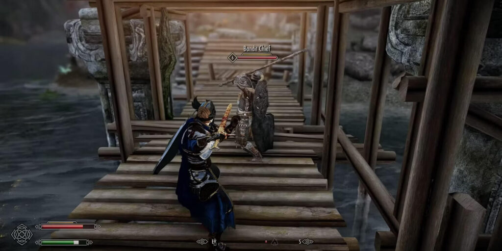 The custom main character in Skyrim is fighting the Bandit Chief on an unfinished wooden bridge at either early morning or just past sunset. Their health bars are nearly full and the Bandit Chief is in mid swing with a long wooden rod.