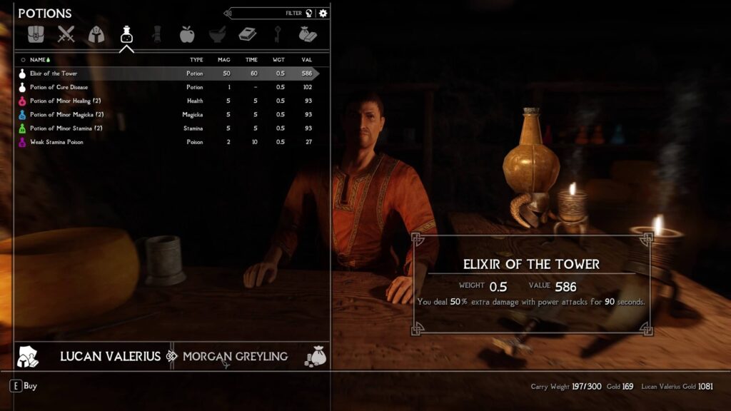 The potion menu of Skyrim when trading. All potions have different type details given the user's activated Apothecary mod. The character. Morgan Greyling is in the background.