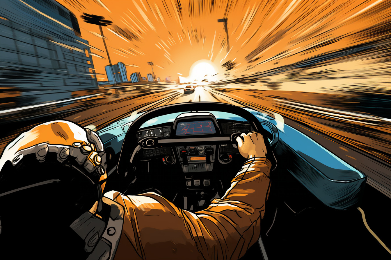 Depiction of a overdramatized racing sim
