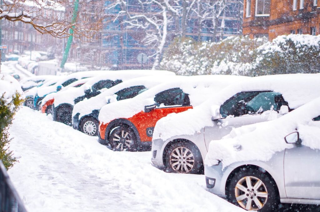 Snow covers a row of cars parked on the curb.