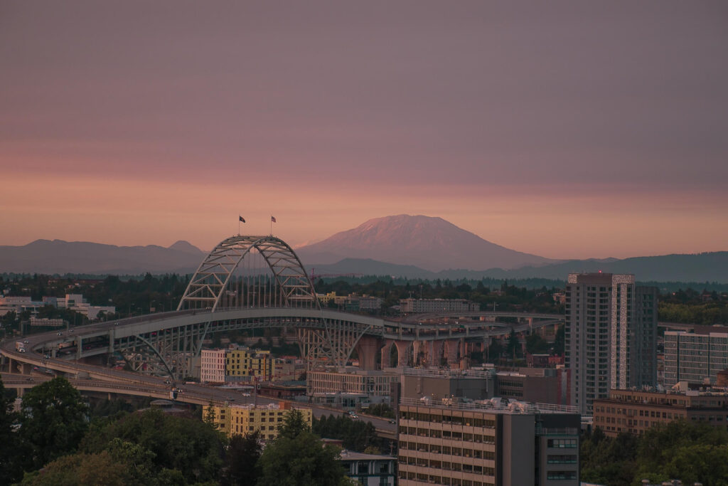The Portland skyline with Mt. Hood in the background. 