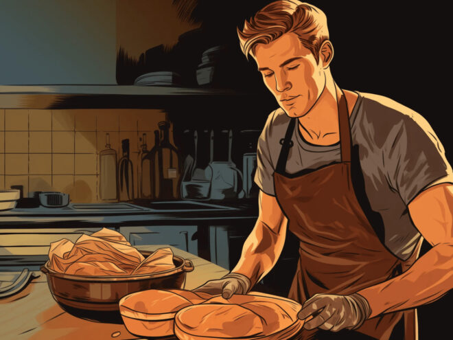 A young man baking wearing oven mitts