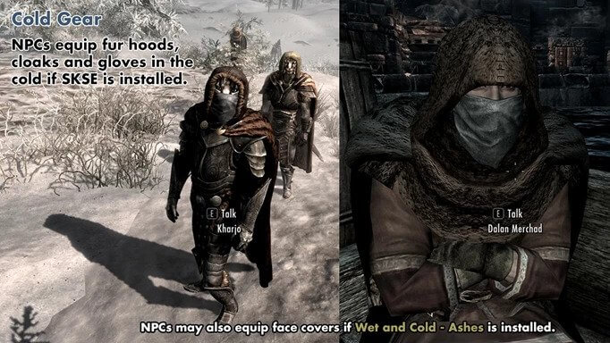 Dolan Merchad and Kharjo are shown in winter clothing, only accessible through the Wet and Cold Ashes Skyrim mod. The winter weather is another exclusive mod from Wet and Cold.