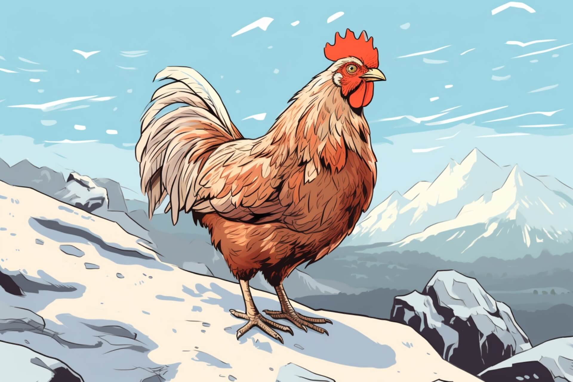 Chicken standing on the snow