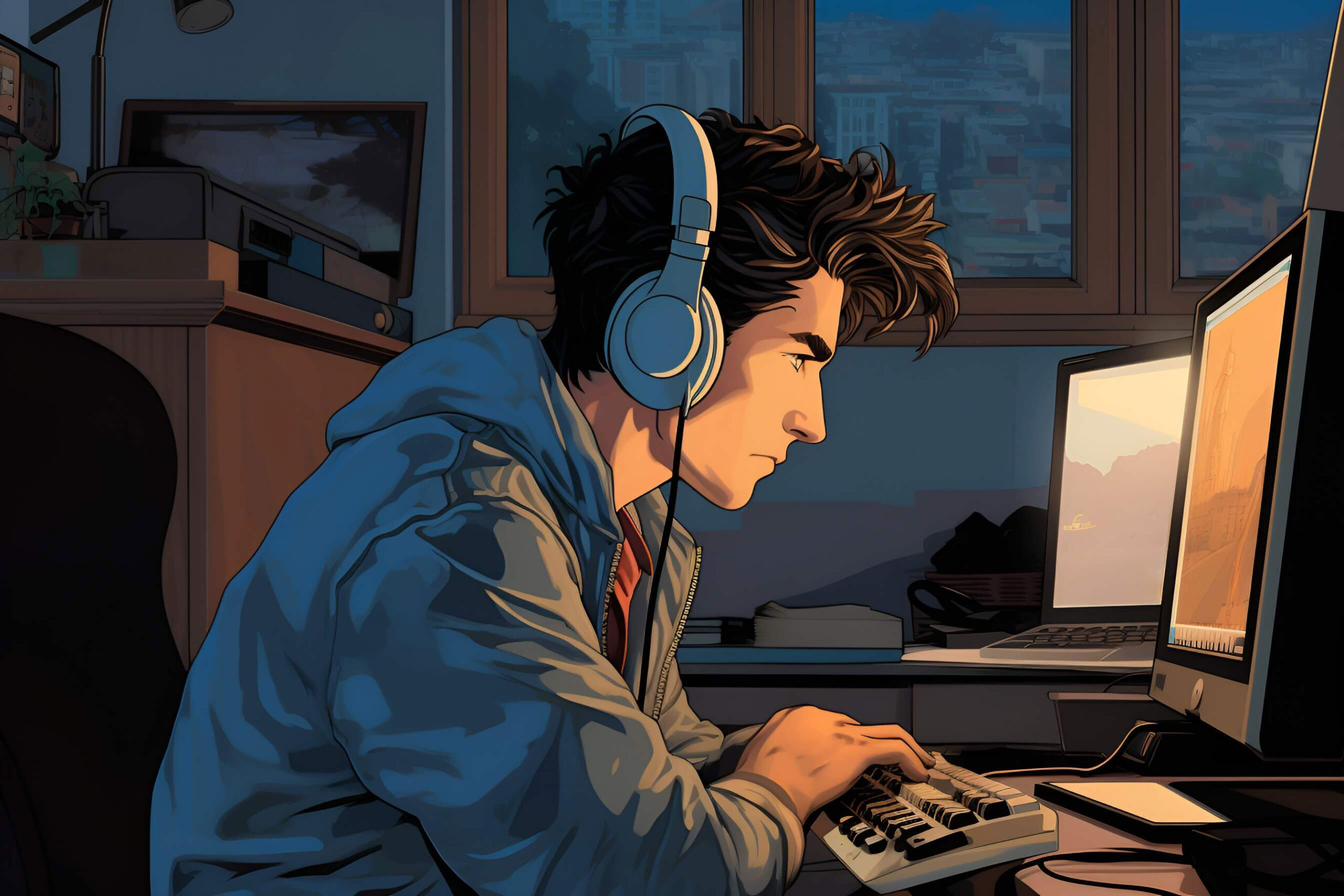 A man with gaming headphones sitting in front of a desktop computer.