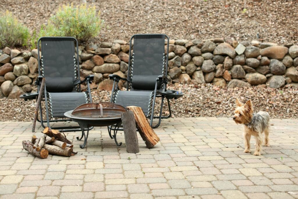 A puppy standing next to a screened portable fire pit, firewood and patio chairs