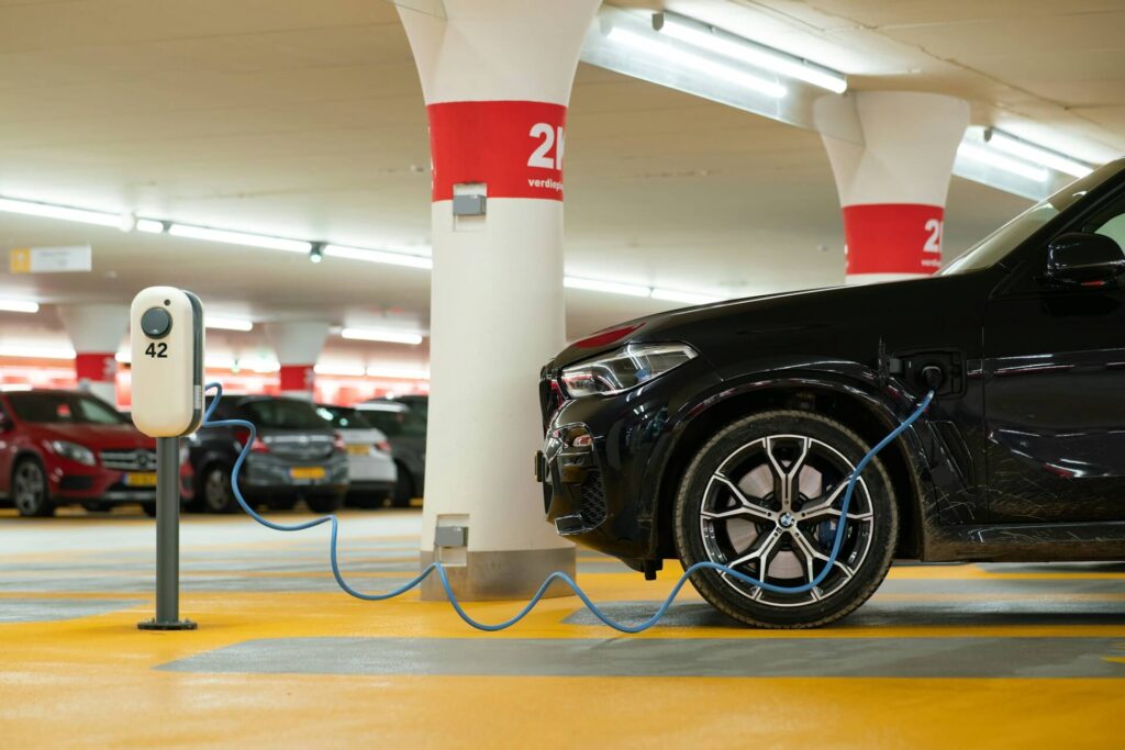 EV charging inside of a parking garage.