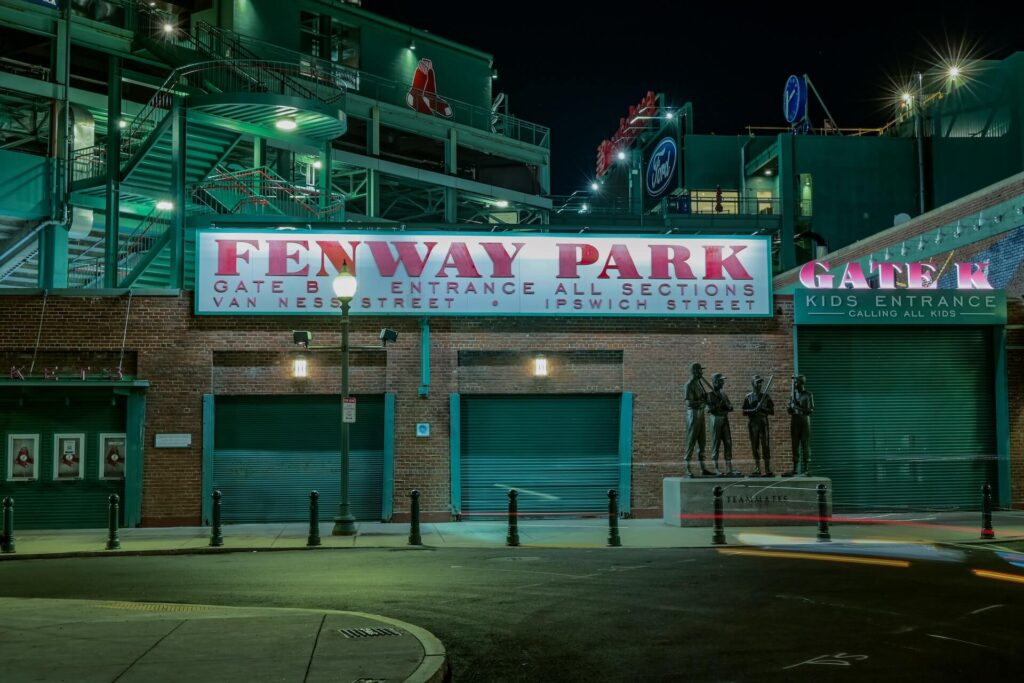 Fenway Park entrance with statues out front.