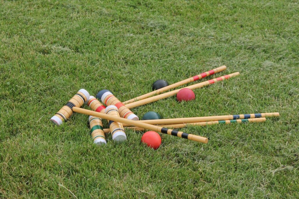 Croquet equipment on the grass.