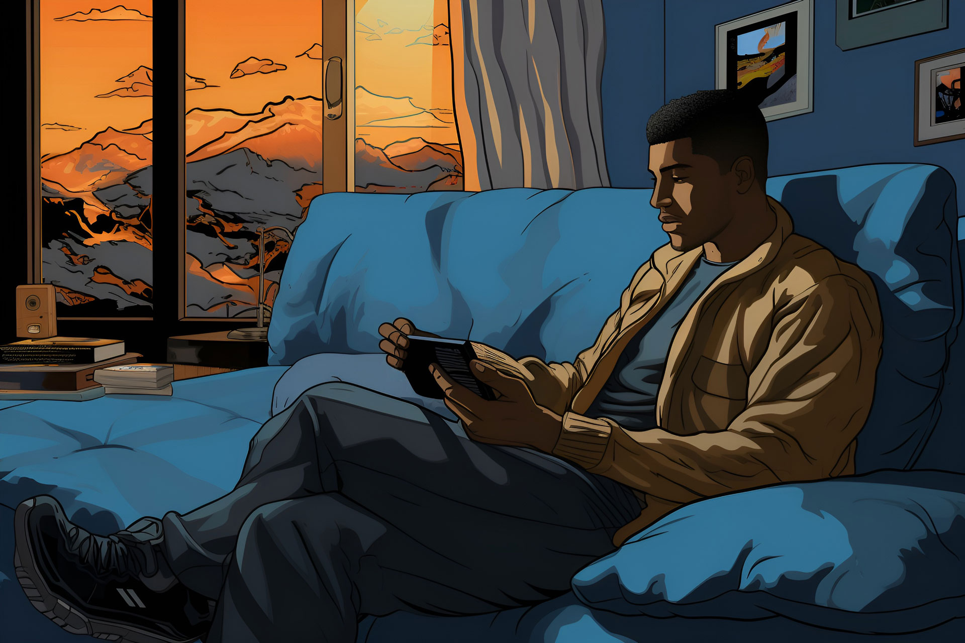 An illustration of a man seating in a couch holding a video game controller or electronic device.