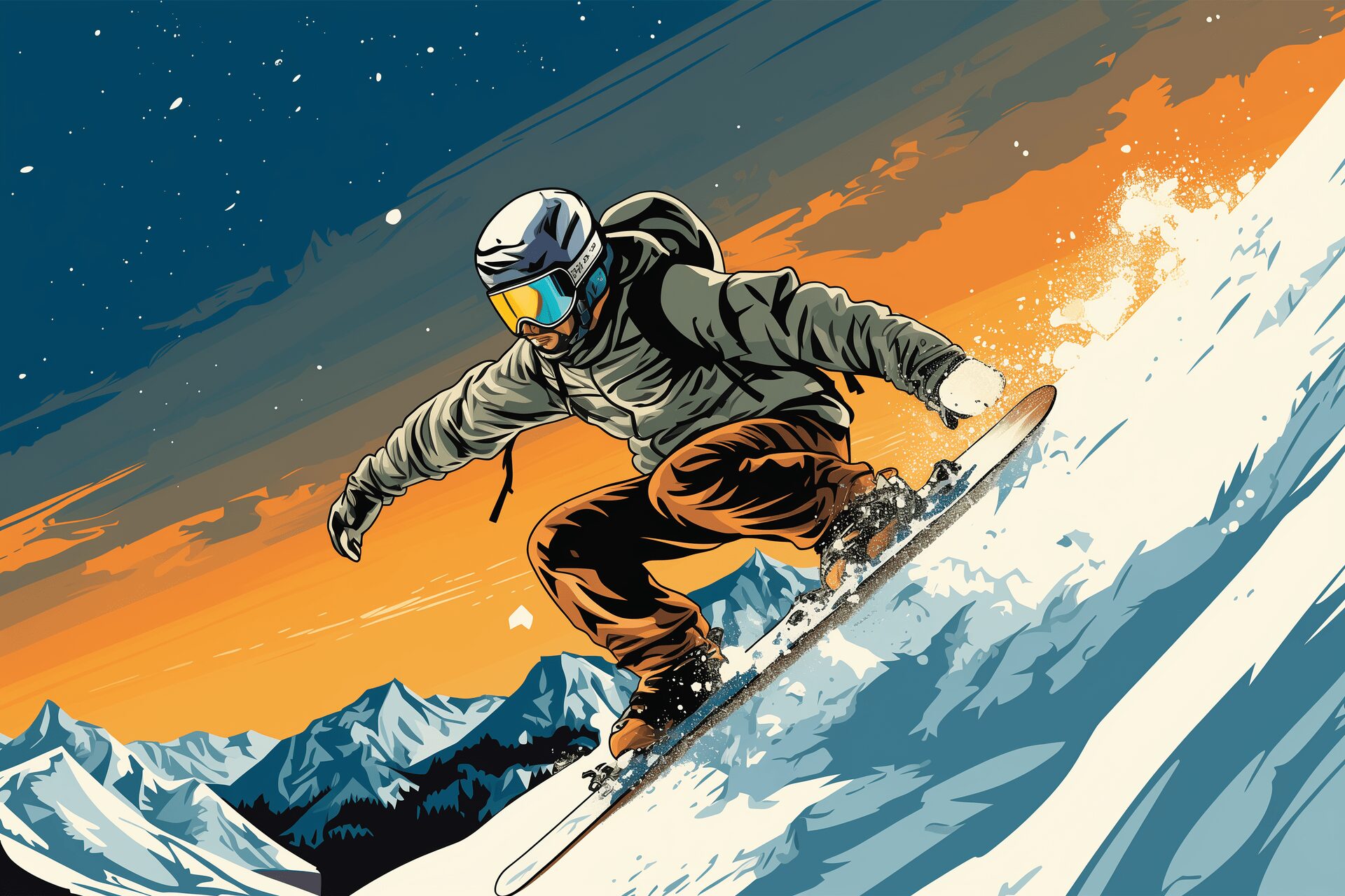 A snowboarder speeding downhill