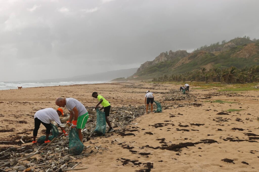 People cleaning up trash on a beach