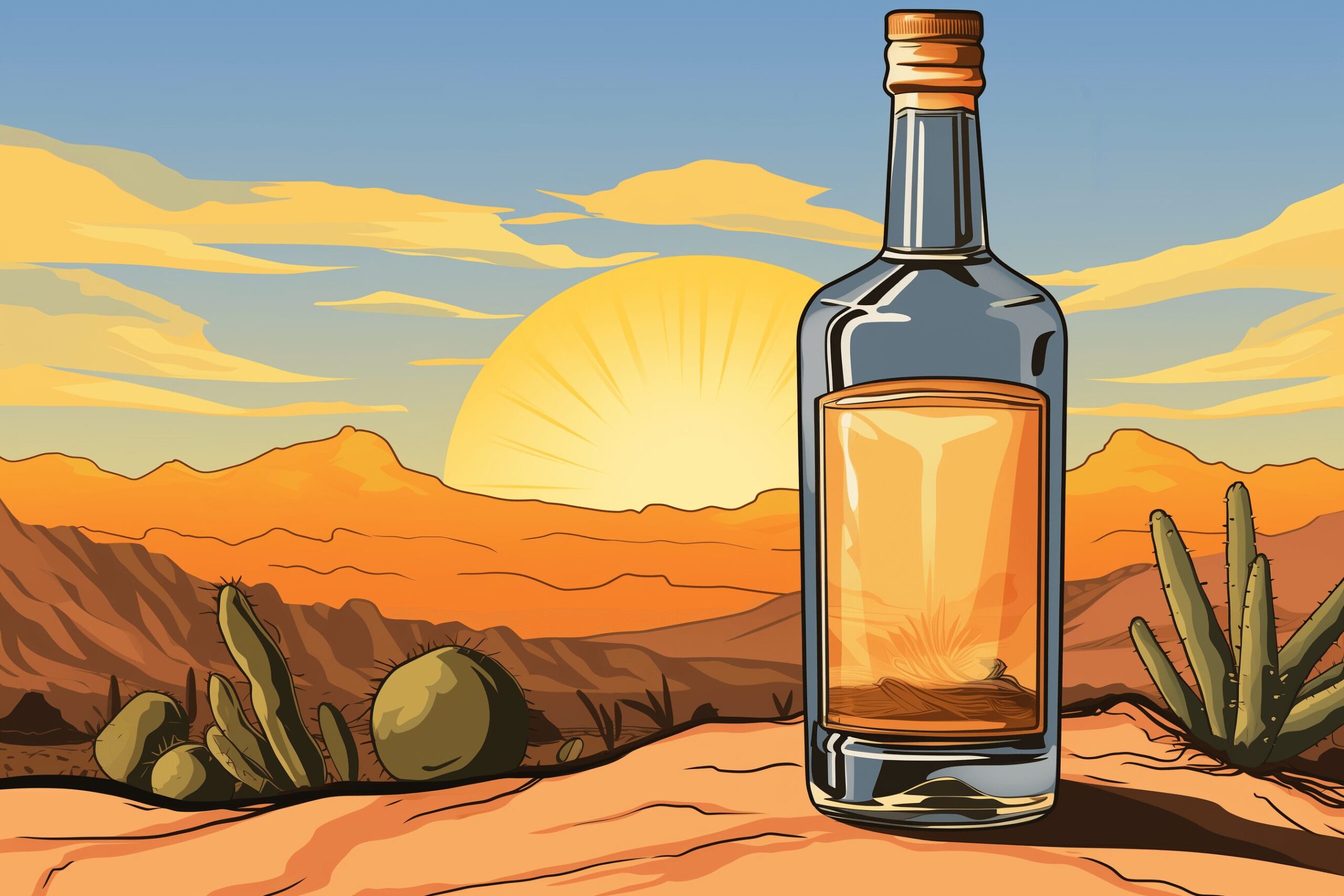 A bottle of tequila in the desert