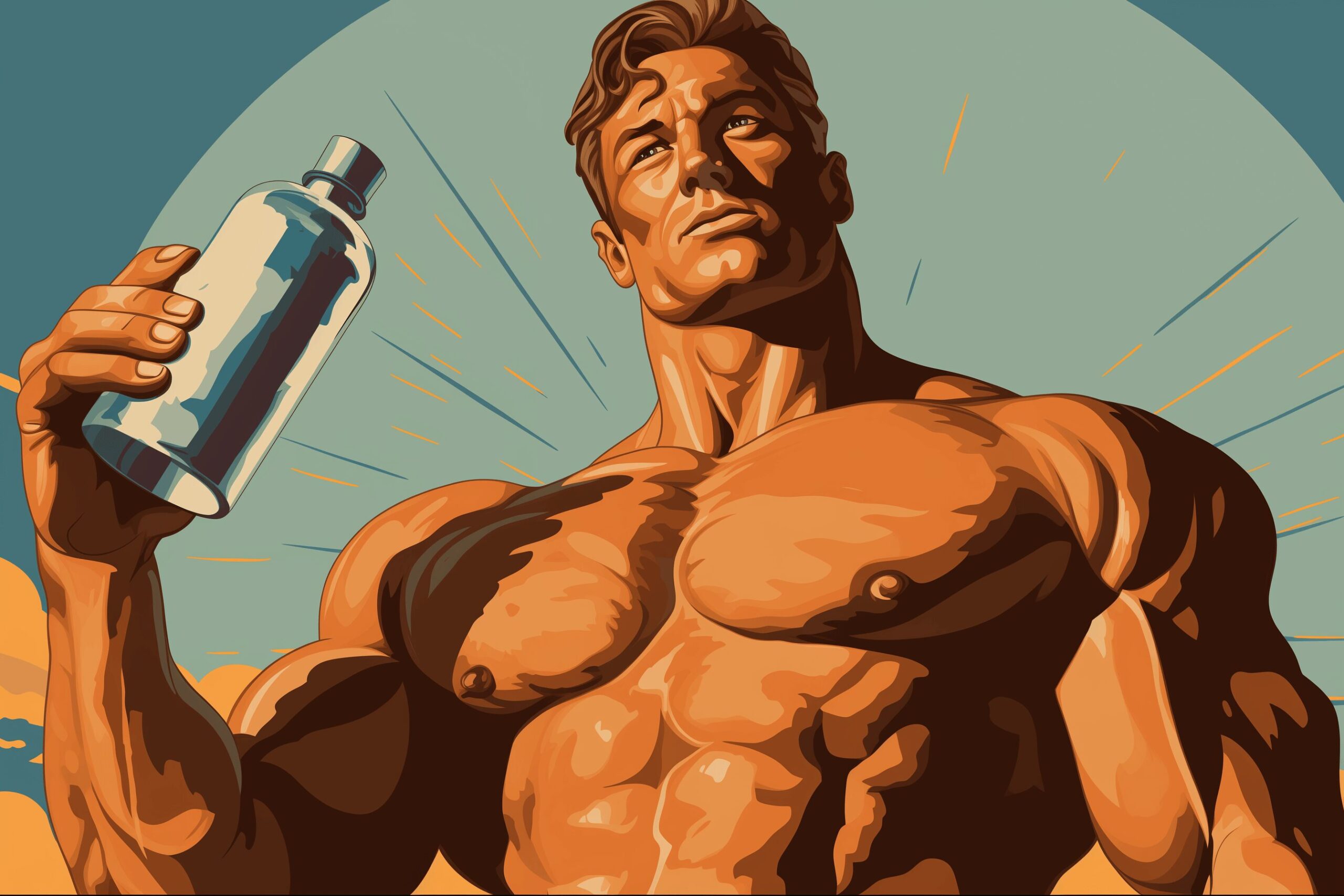 A bodybuilder with a bottle of supplements