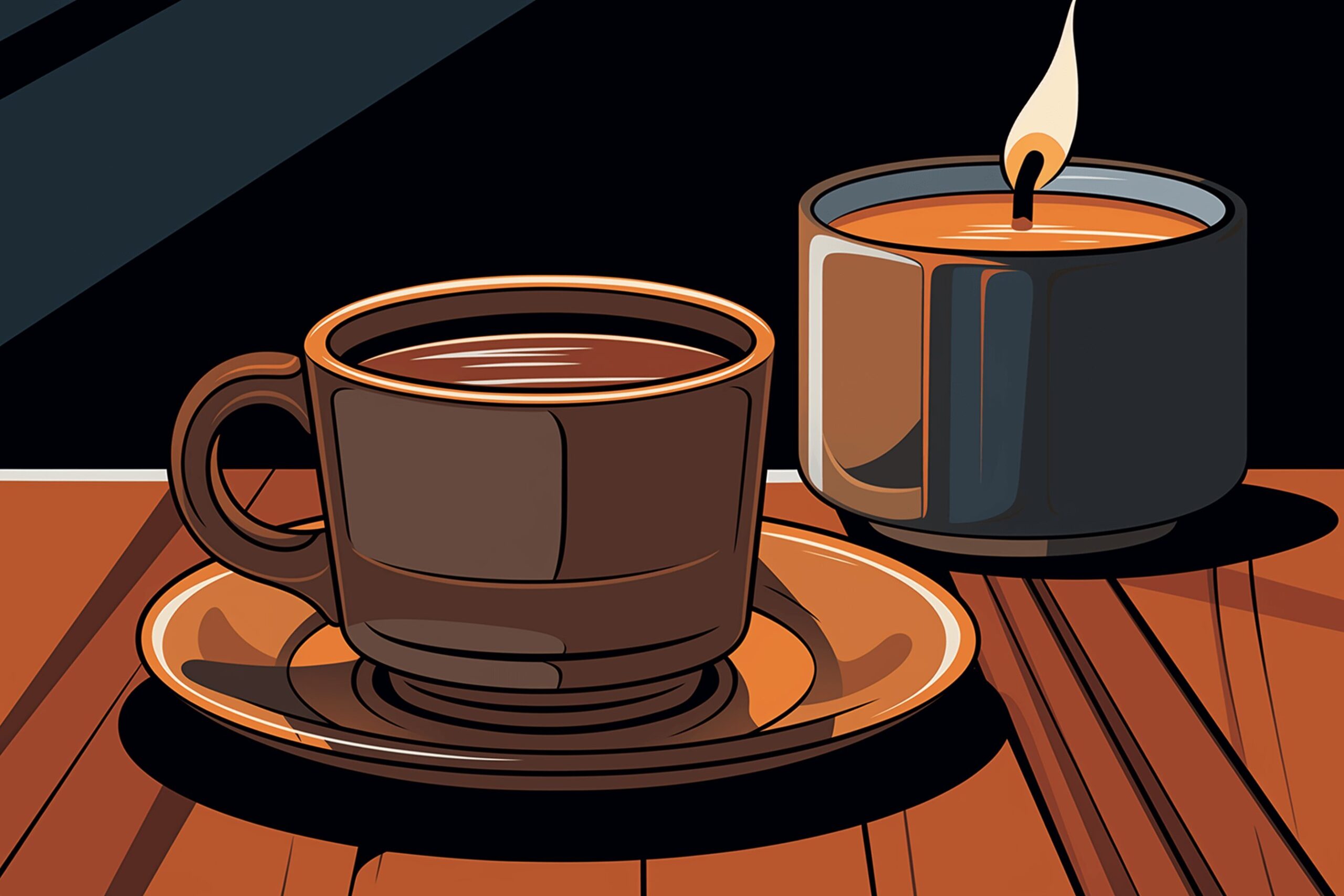A candle and a mug of coffee